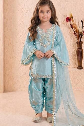 Designer party wear heavy silk kids top farshi plazzo & dupatta set