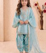 Designer party wear heavy silk kids top farshi plazzo & dupatta set