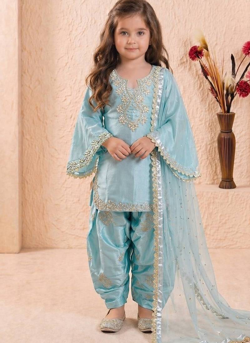 Designer party wear heavy silk kids top farshi plazzo & dupatta set