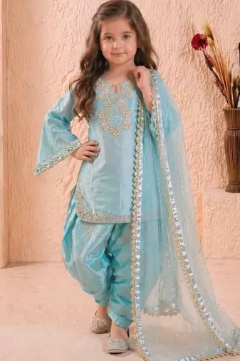 sky blue silk kids palazzo suit with dupatta set