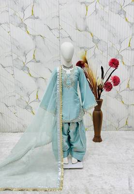 sky blue silk kids palazzo suit with dupatta set 3