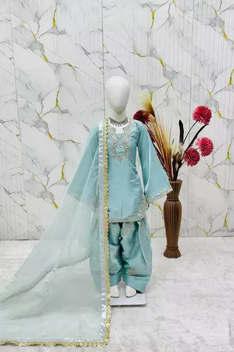 sky blue silk kids palazzo suit with dupatta set