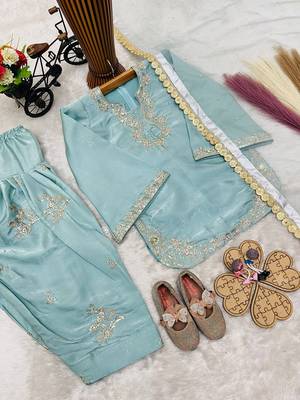 sky blue silk kids palazzo suit with dupatta set 4