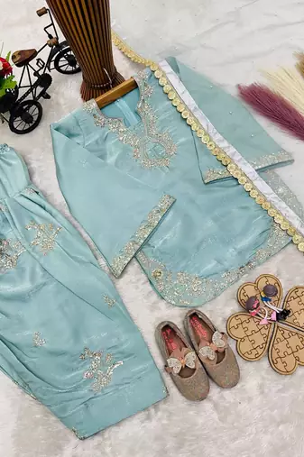 sky blue silk kids palazzo suit with dupatta set