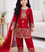 Red embroidered fendy silk kurta with pant & dupatta set