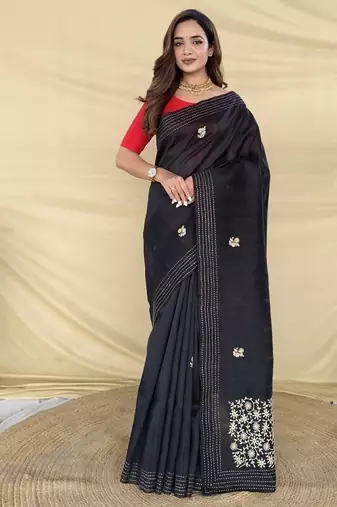 Black Color  machine - woven jaal and floral butti embroidery Silk Saree