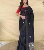 Black Color  machine - woven jaal and floral butti embroidery art silk saree