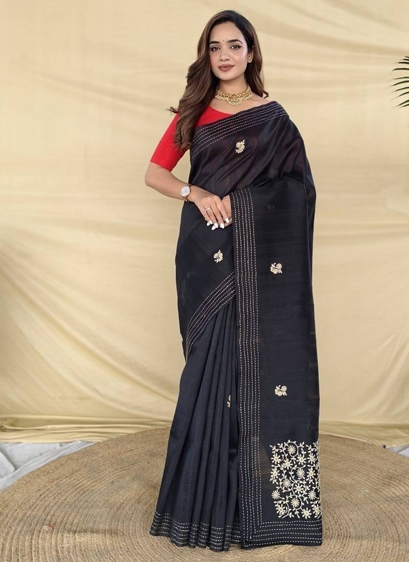 Black Color  machine - woven jaal and floral butti embroidery Silk Saree