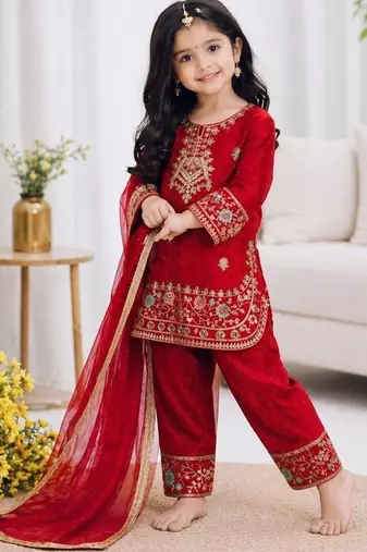 red embroidered fendy silk kurta pant set with dupatta
