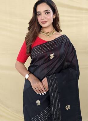 Black Color  machine - woven jaal and floral butti embroidery art silk saree 2