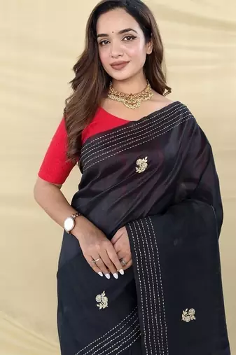 Black Color  machine - woven jaal and floral butti embroidery art silk saree