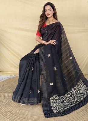 Black Color  machine - woven jaal and floral butti embroidery art silk saree 3