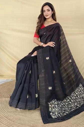 Black Color  machine - woven jaal and floral butti embroidery art silk saree
