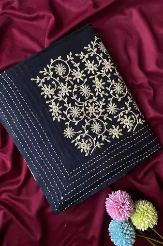 Black Color  machine - woven jaal and floral butti embroidery art silk saree