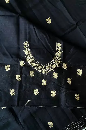 Black Color  machine - woven jaal and floral butti embroidery art silk saree