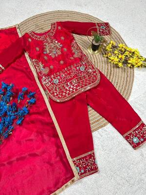 red embroidered fendy silk kurta pant set with dupatta 3