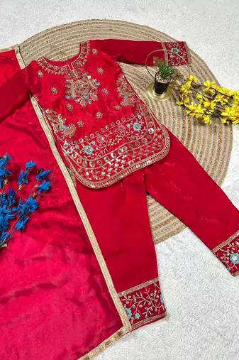 red embroidered fendy silk kurta pant set with dupatta