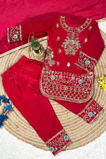 red embroidered fendy silk kurta pant set with dupatta