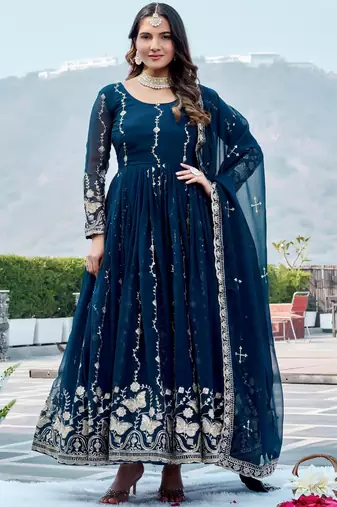 Classic Teal Blue Sequins Georgette Festive Wear Gown With Dupatta