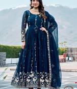 Classic Teal Blue Sequins Georgette Festive Wear Gown With Dupatta