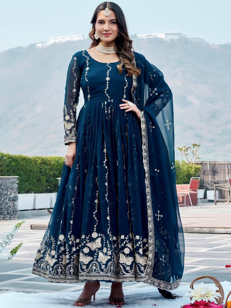 Classic Teal Blue Sequins Georgette Festive Wear Gown With Dupatta
