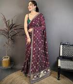 wine vichitra silk animal motifs foil print sequin & zari embroidery work bandhani saree
