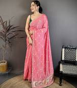 pink vichitra silk animal motifs foil print sequin & zari embroidery work bandhani saree