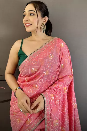 pink bandhani silk saree with zari embroidery work