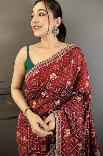 maroon bandhani silk saree with zari embroidery work