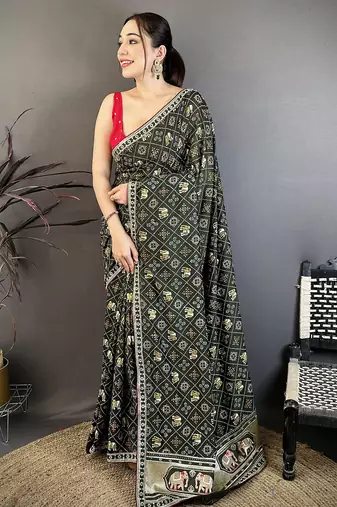 dark green vichitra silk animal motifs foil print sequin embroidery work bandhani saree