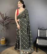 dark green vichitra silk animal motifs foil print sequin embroidery work bandhani saree