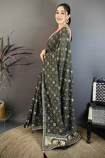 dark green bandhani silk saree with foil print work