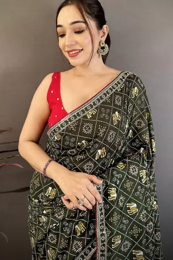 dark green bandhani silk saree with foil print work