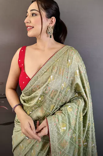 sage green bandhani silk saree with foil print work