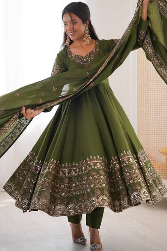Olive Roman Silk Embroidered Sequence Anarkali Set with Dupatta