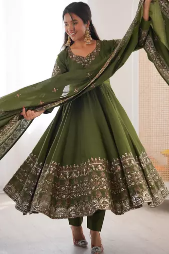 Olive Roman Silk Embroidered Sequence Anarkali Set with Dupatta