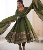 Olive Roman Silk Embroidered Sequence Anarkali Set with Dupatta