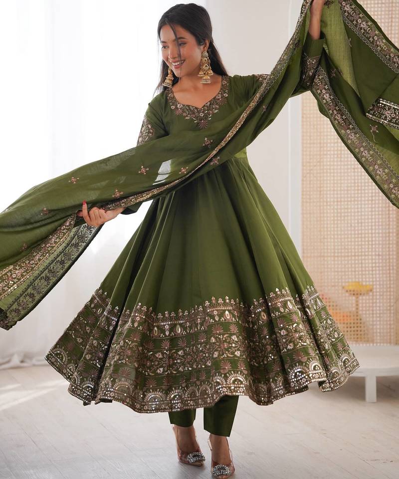 Olive Roman Silk Embroidered Sequence Anarkali Set with Dupatta