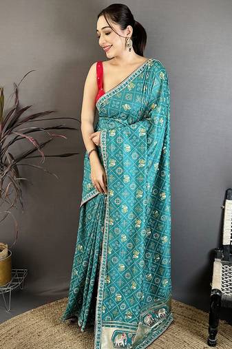 rama green vichitra silk animal motifs foil print sequin embroidery work bandhani saree