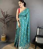 rama green vichitra silk animal motifs foil print sequin embroidery work bandhani saree