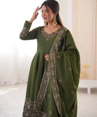 Olive Roman Silk Embroidered Sequence Anarkali Set with Dupatta 2