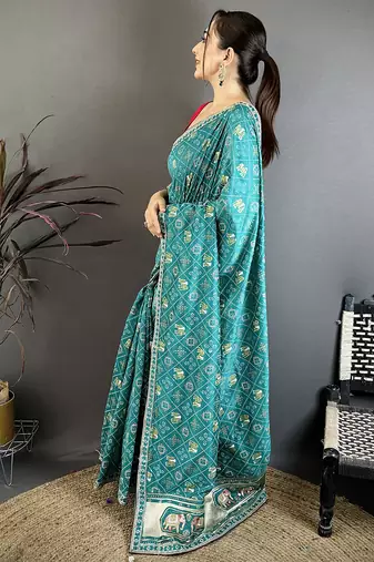 rama green bandhani silk saree with foil print work