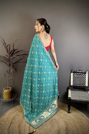 rama green bandhani silk saree with foil print work