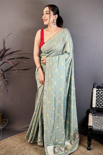sea green vichitra silk animal motif foil print sequin embroidery work bandhani saree