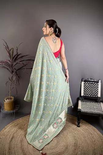 sea green bandhani silk saree with foil print work
