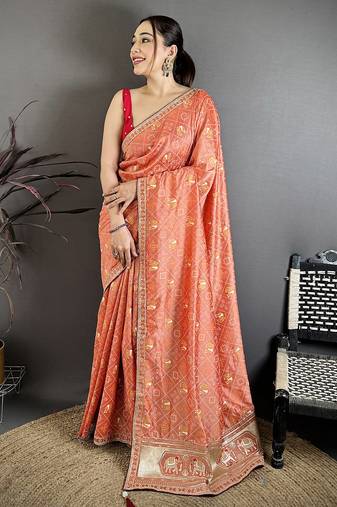 peach bandhani silk saree with zari embroidery work