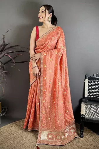 peach vichitra silk animal motifs foil print sequin & zari embroidery work bandhani saree