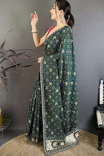 green bandhani silk saree with zari embroidery work