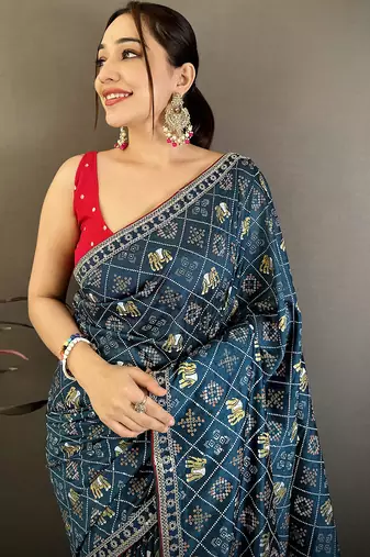 blue bandhani silk saree with zari embroidery work