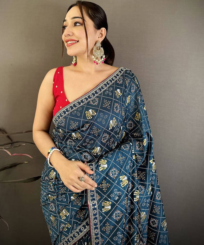 blue vichitra silk animal motifs foil print sequin & zari embroidery work bandhani saree